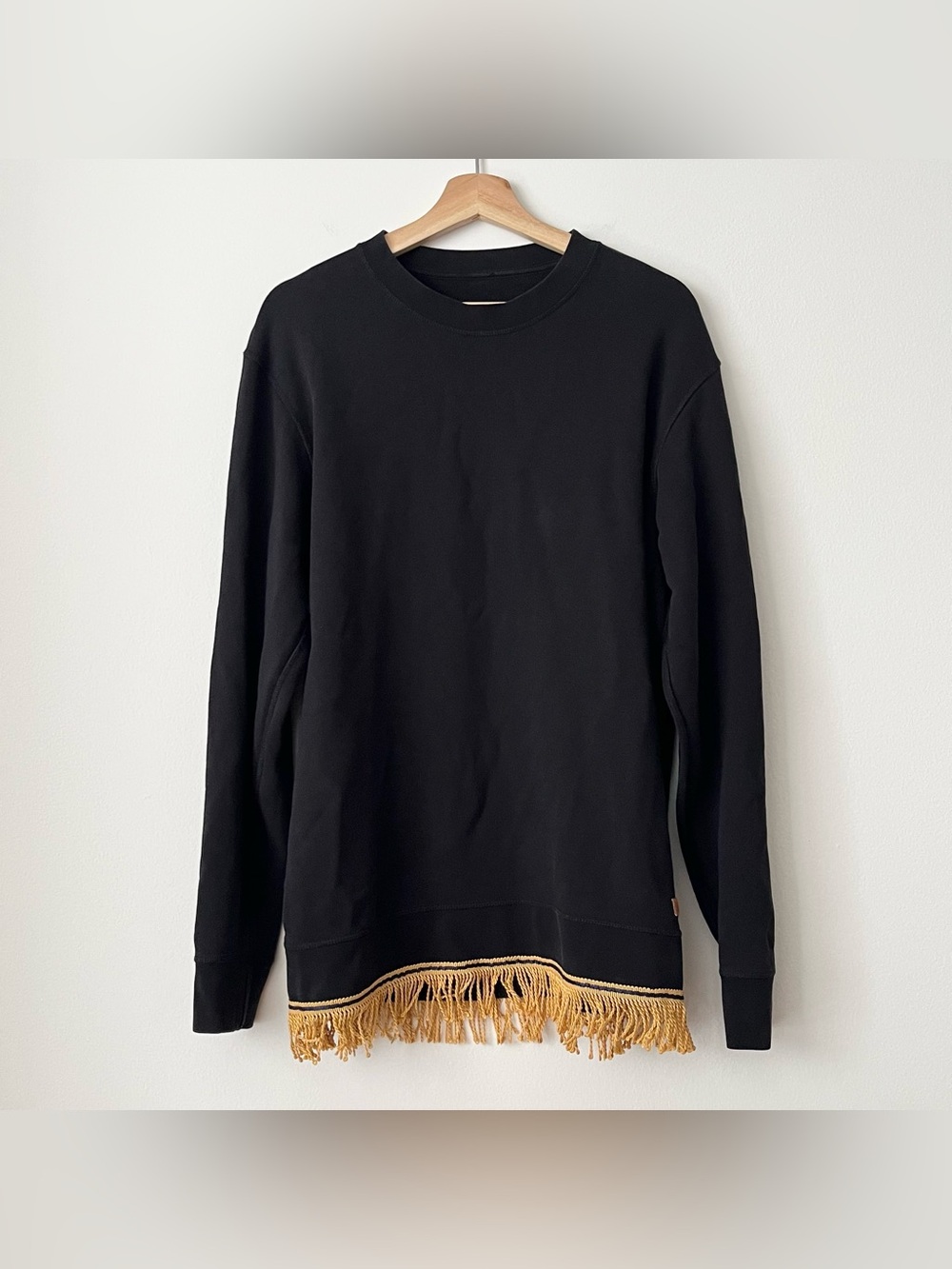 Russell Black Sweatshirt Dress Gold Fringe Tassel Hem Size L Military Chic 2010s